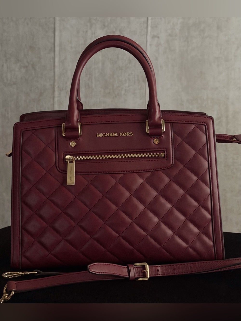 Michael Kors Selma Zip Quilted Large Satchel Claret Maroon/Gold Crossbody Bag